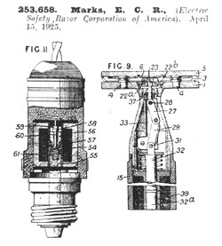 Vibro-Shave patent, 1925, interrupter device (left) and razorhead (right)